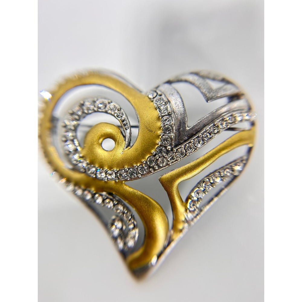 Chico's Heart Brooch Women OS Gold Silver Excellent Two-Tone Rhinestone Swirl